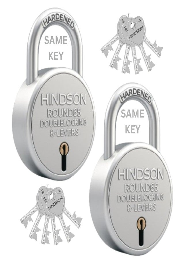 Hindson Same Key Round 65mm Padlock | 2 Heavy Duty Padlocks with 12 Common Keys | Strong Metal Body Locks with Double Locking & 8-Lever Mechanism for Home, Gate, Shutter & Shop Security - Image 1